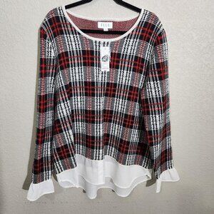ELLE Sweater Womens XL Red Black White Plaid Cabin